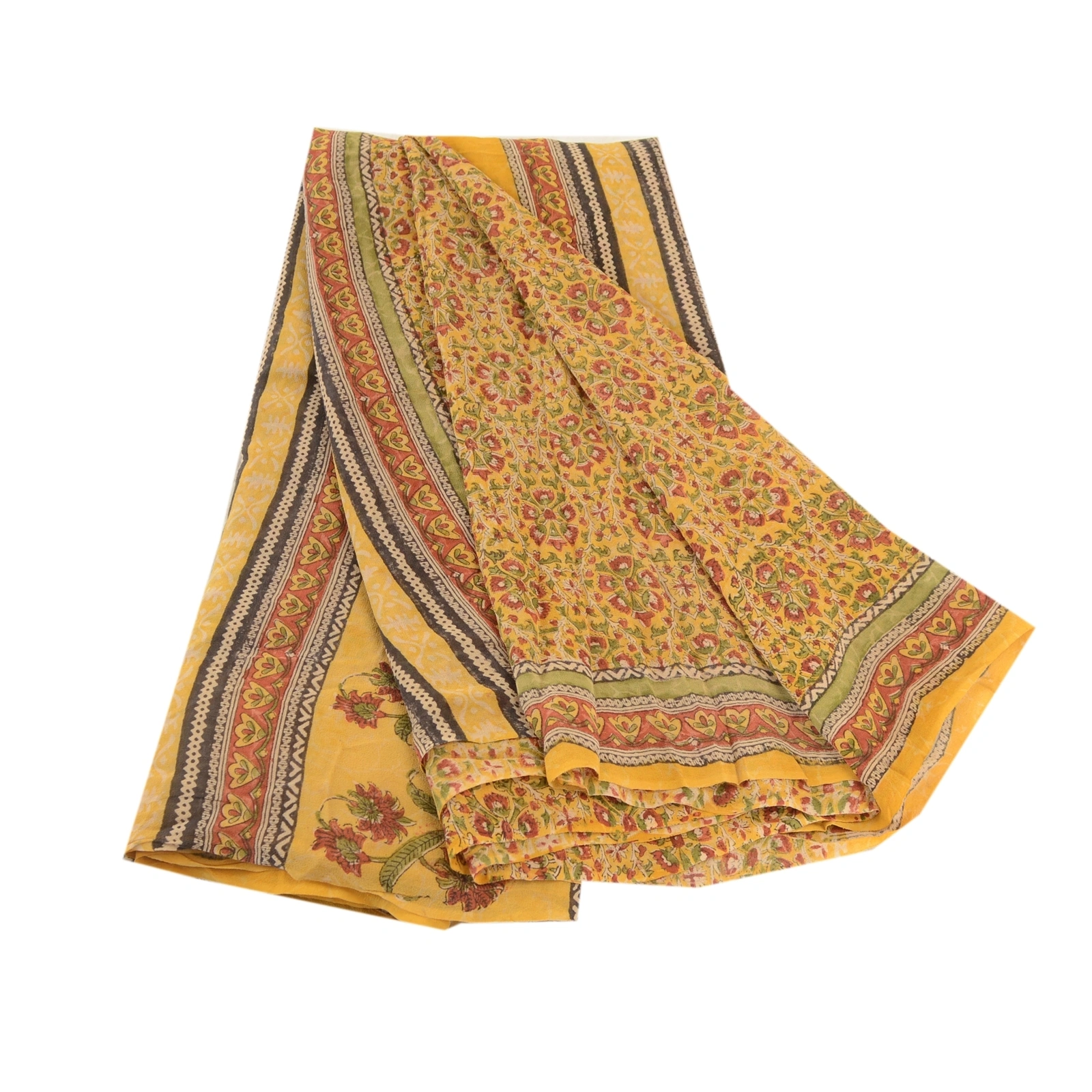 Sanskriti Vintage Sarees Yellow Block Printed Pure Georgette Silk Sari Fabric, PRG-12066-Yellow-Printed Floral Design-Pure Georgette Silk-2