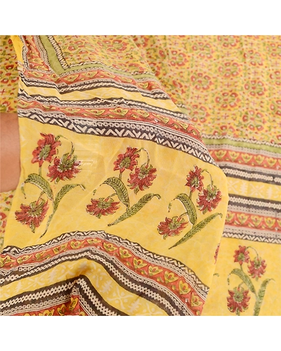 Sanskriti Vintage Sarees Yellow Block Printed Pure Georgette Silk Sari Fabric, PRG-12066-Yellow-Printed Floral Design-Pure Georgette Silk-4