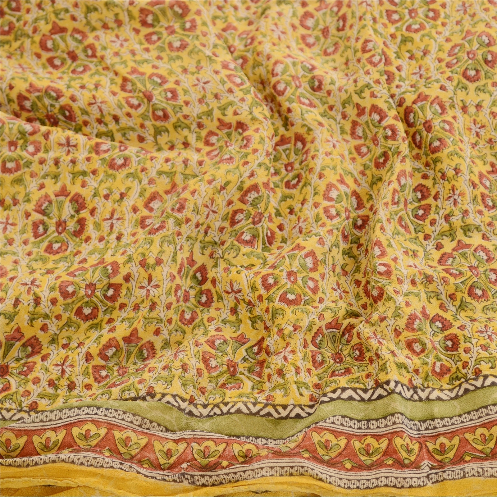 Sanskriti Vintage Sarees Yellow Block Printed Pure Georgette Silk Sari Fabric, PRG-12066-Yellow-Printed Floral Design-Pure Georgette Silk-6