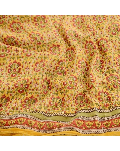 Sanskriti Vintage Sarees Yellow Block Printed Pure Georgette Silk Sari Fabric, PRG-12066-Yellow-Printed Floral Design-Pure Georgette Silk-6