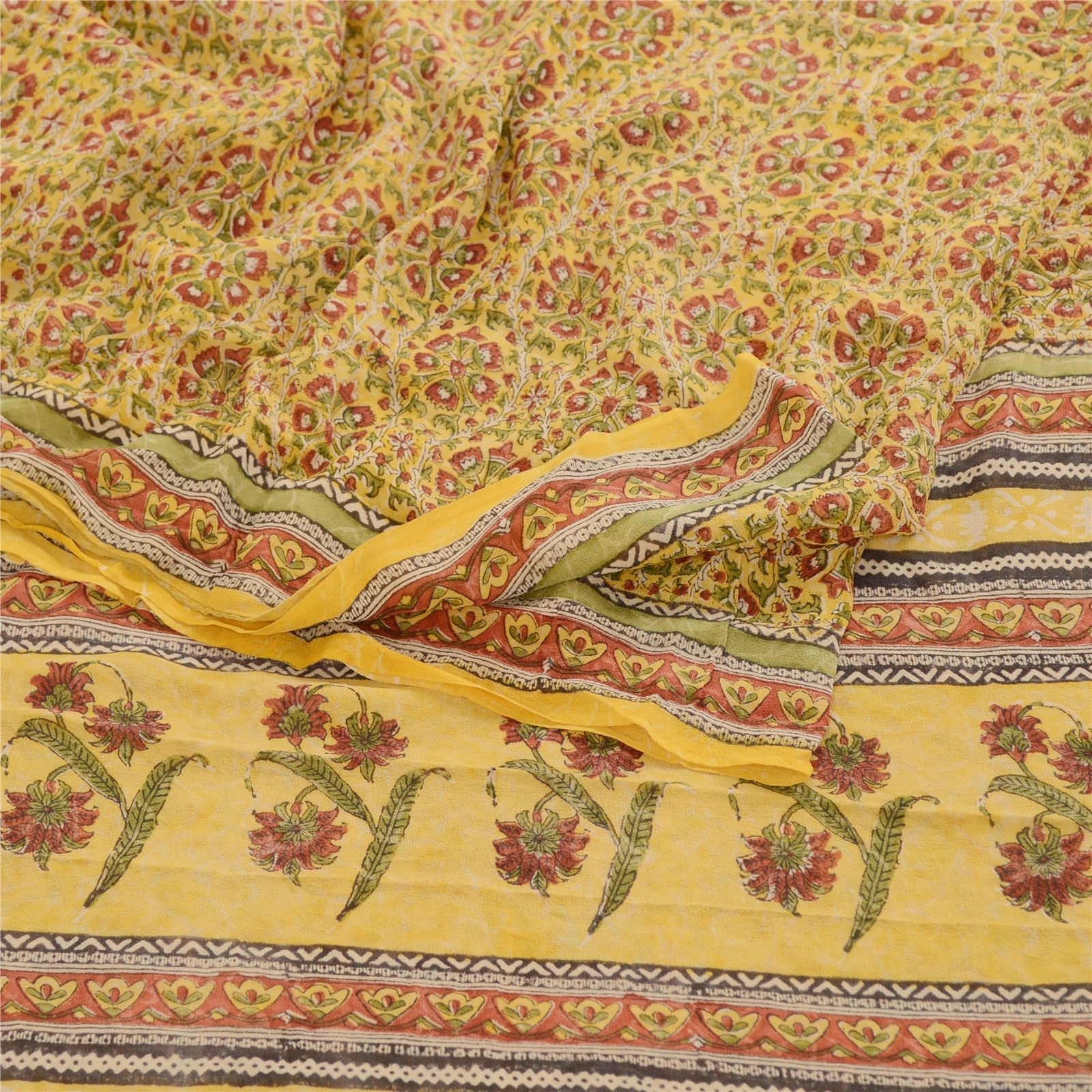 Sanskriti Vintage Sarees Yellow Block Printed Pure Georgette Silk Sari Fabric, PRG-12066-Yellow-Printed Floral Design-Pure Georgette Silk-7