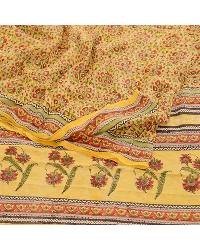 Sanskriti Vintage Sarees Yellow Block Printed Pure Georgette Silk Sari Fabric, PRG-12066-Yellow-Printed Floral Design-Pure Georgette Silk-7