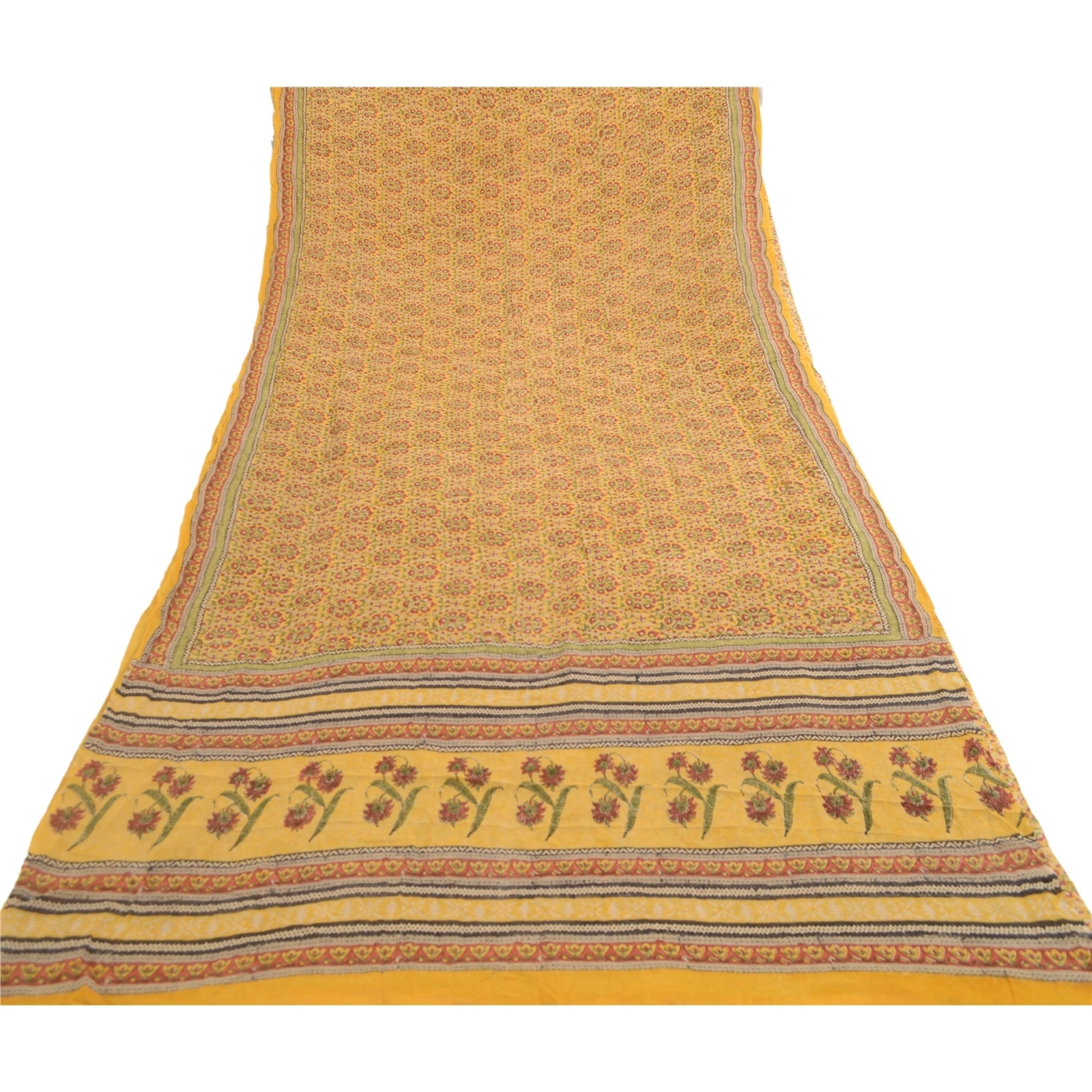 Sanskriti Vintage Sarees Yellow Block Printed Pure Georgette Silk Sari Fabric, PRG-12066-Yellow-Printed Floral Design-Pure Georgette Silk-8