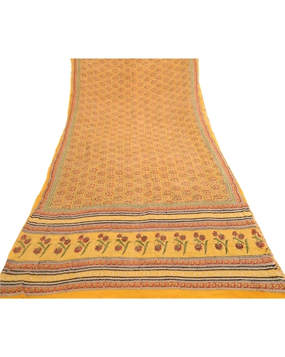 Sanskriti Vintage Sarees Yellow Block Printed Pure Georgette Silk Sari Fabric, PRG-12066-Yellow-Printed Floral Design-Pure Georgette Silk-8