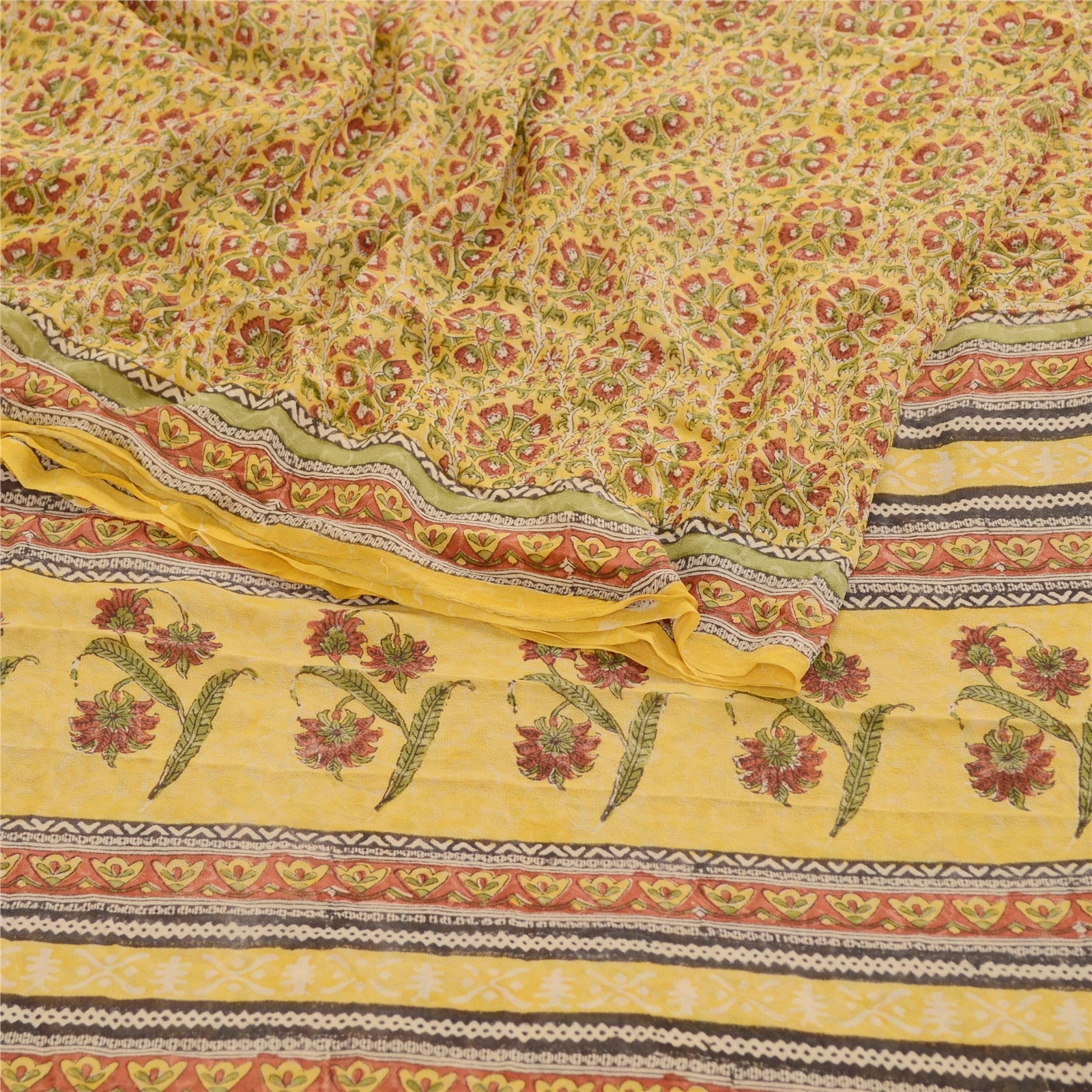 Sanskriti Vintage Sarees Yellow Block Printed Pure Georgette Silk Sari Fabric, PRG-12066-Yellow-Printed Floral Design-Pure Georgette Silk-9