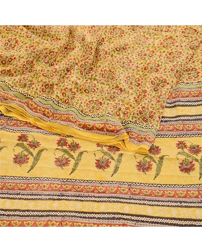 Sanskriti Vintage Sarees Yellow Block Printed Pure Georgette Silk Sari Fabric, PRG-12066-Yellow-Printed Floral Design-Pure Georgette Silk-9