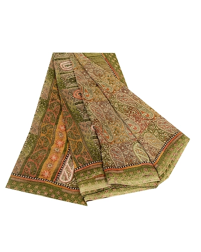 Sanskriti Vintage Green Indian Sarees Georgette Printed Sari Craft 5 Yard Fabric, PRG-12079-Green-Printed Floral Design-Georgette-2