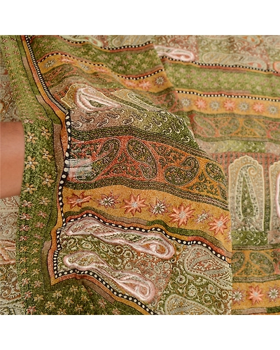 Sanskriti Vintage Green Indian Sarees Georgette Printed Sari Craft 5 Yard Fabric, PRG-12079-Green-Printed Floral Design-Georgette-4