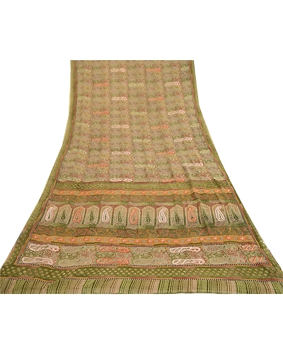 Sanskriti Vintage Green Indian Sarees Georgette Printed Sari Craft 5 Yard Fabric, PRG-12079-Green-Printed Floral Design-Georgette-8