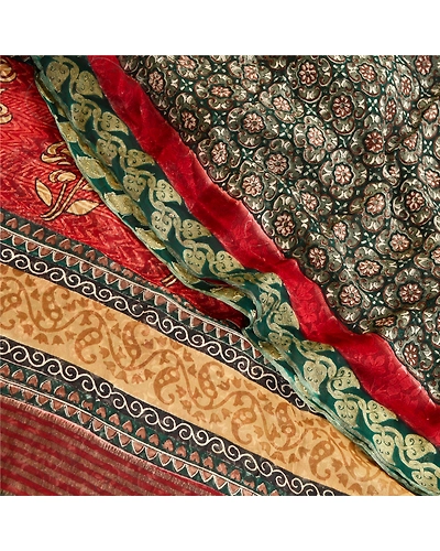 Sanskriti Vintage Green Sarees Pure Georgette Silk Printed Sari Craft Fabric, PRG-12080-Green &amp; Dark Red-Printed Floral Design-Pure Georgette Silk-1