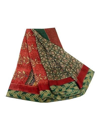 Sanskriti Vintage Green Sarees Pure Georgette Silk Printed Sari Craft Fabric, PRG-12080-Green &amp; Dark Red-Printed Floral Design-Pure Georgette Silk-2