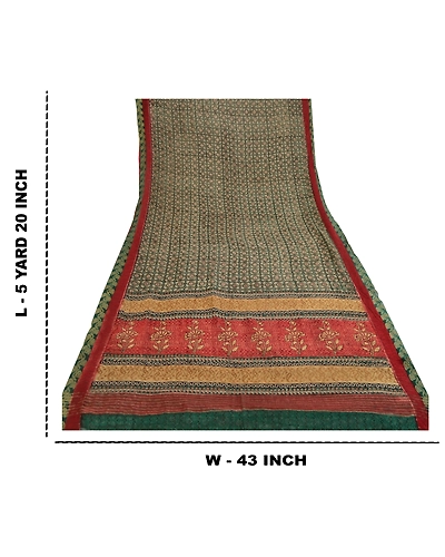 Sanskriti Vintage Green Sarees Pure Georgette Silk Printed Sari Craft Fabric, PRG-12080-Green &amp; Dark Red-Printed Floral Design-Pure Georgette Silk-3