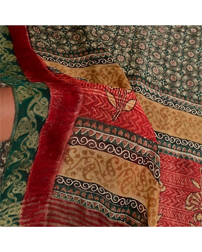 Sanskriti Vintage Green Sarees Pure Georgette Silk Printed Sari Craft Fabric, PRG-12080-Green &amp; Dark Red-Printed Floral Design-Pure Georgette Silk-4