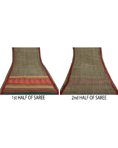 Sanskriti Vintage Green Sarees Pure Georgette Silk Printed Sari Craft Fabric, PRG-12080-Green &amp; Dark Red-Printed Floral Design-Pure Georgette Silk-5