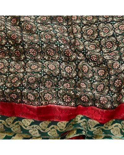 Sanskriti Vintage Green Sarees Pure Georgette Silk Printed Sari Craft Fabric, PRG-12080-Green &amp; Dark Red-Printed Floral Design-Pure Georgette Silk-6