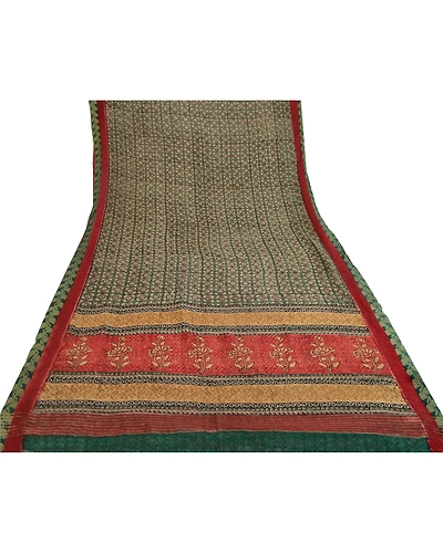 Sanskriti Vintage Green Sarees Pure Georgette Silk Printed Sari Craft Fabric, PRG-12080-Green &amp; Dark Red-Printed Floral Design-Pure Georgette Silk-8