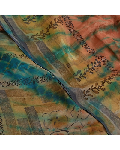 Sanskriti Vintage Sarees Peach Tie-Dye Pure Georgette Silk Sari 5Yd Craft Fabric, PRG-12088-Peach-Tie-Dye Work-Pure Georgette Silk-1