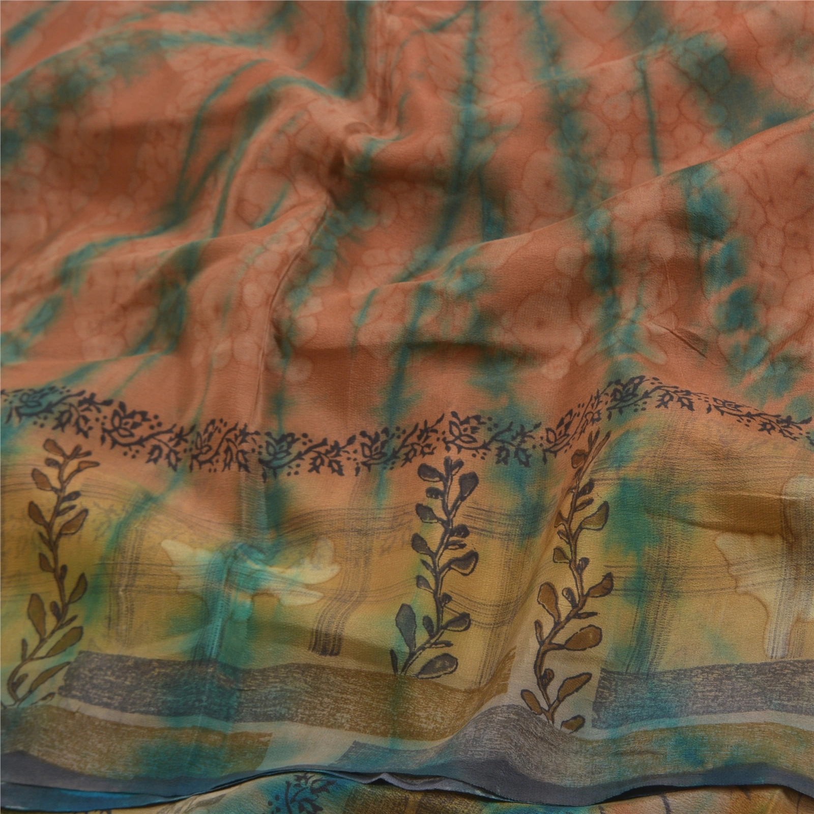 Sanskriti Vintage Sarees Peach Tie-Dye Pure Georgette Silk Sari 5Yd Craft Fabric, PRG-12088-Peach-Tie-Dye Work-Pure Georgette Silk-6