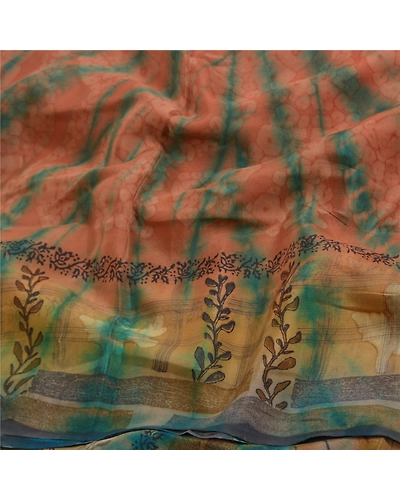 Sanskriti Vintage Sarees Peach Tie-Dye Pure Georgette Silk Sari 5Yd Craft Fabric, PRG-12088-Peach-Tie-Dye Work-Pure Georgette Silk-6