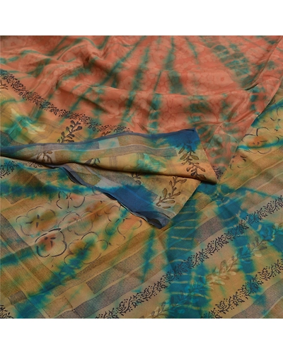 Sanskriti Vintage Sarees Peach Tie-Dye Pure Georgette Silk Sari 5Yd Craft Fabric, PRG-12088-Peach-Tie-Dye Work-Pure Georgette Silk-7