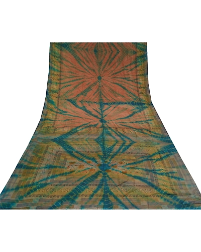 Sanskriti Vintage Sarees Peach Tie-Dye Pure Georgette Silk Sari 5Yd Craft Fabric, PRG-12088-Peach-Tie-Dye Work-Pure Georgette Silk-8