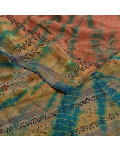 Sanskriti Vintage Sarees Peach Tie-Dye Pure Georgette Silk Sari 5Yd Craft Fabric, PRG-12088-Peach-Tie-Dye Work-Pure Georgette Silk-9