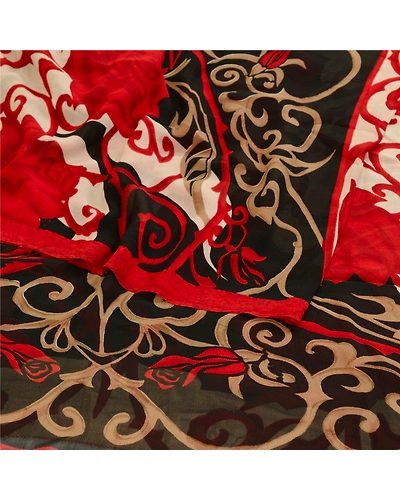 Sanskriti Vintage Sarees Black Pure Georgette Silk Printed Sari 5Yd Craft Fabric, PRG-12091-Black-Printed Floral Design-Pure Georgette Silk-7