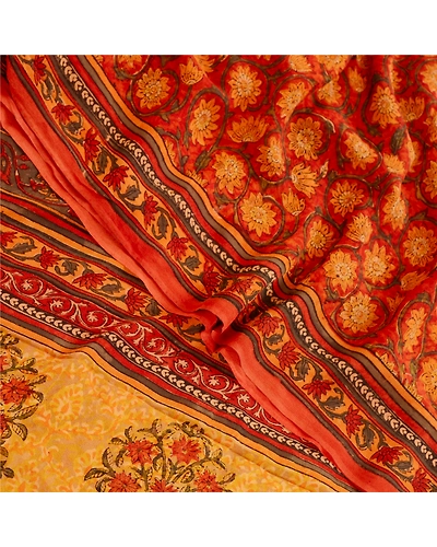 Sanskriti Vintage Sarees Block Printed Orange Pure Georgette Silk Sari Fabric, PRG-12096-Orange-Printed Floral Design-Pure Georgette Silk-1