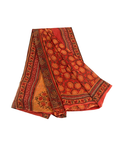 Sanskriti Vintage Sarees Block Printed Orange Pure Georgette Silk Sari Fabric, PRG-12096-Orange-Printed Floral Design-Pure Georgette Silk-2