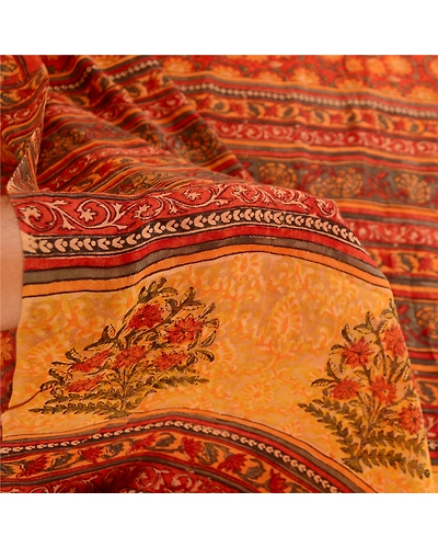 Sanskriti Vintage Sarees Block Printed Orange Pure Georgette Silk Sari Fabric, PRG-12096-Orange-Printed Floral Design-Pure Georgette Silk-4