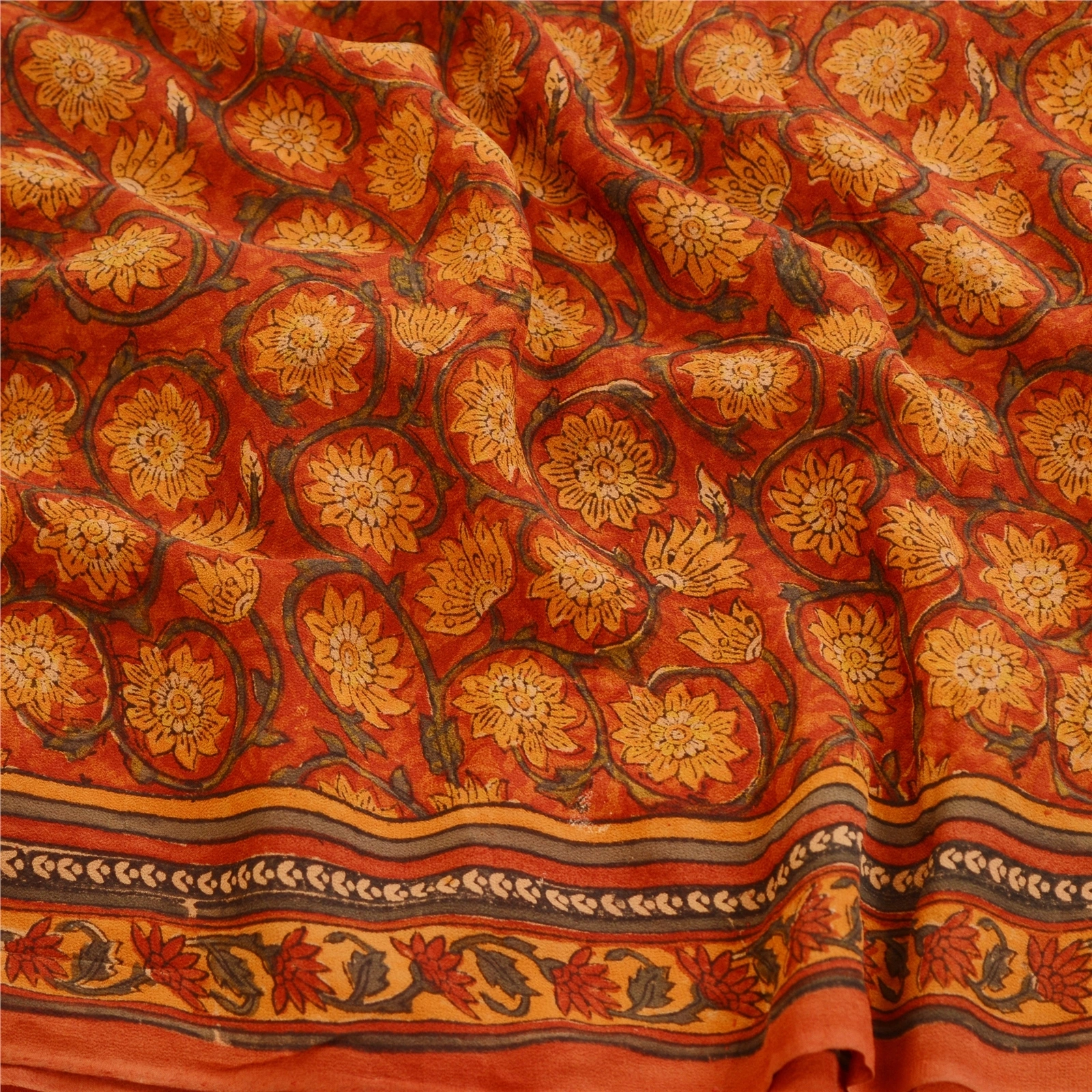 Sanskriti Vintage Sarees Block Printed Orange Pure Georgette Silk Sari Fabric, PRG-12096-Orange-Printed Floral Design-Pure Georgette Silk-6