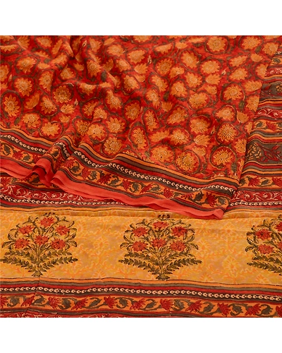 Sanskriti Vintage Sarees Block Printed Orange Pure Georgette Silk Sari Fabric, PRG-12096-Orange-Printed Floral Design-Pure Georgette Silk-7