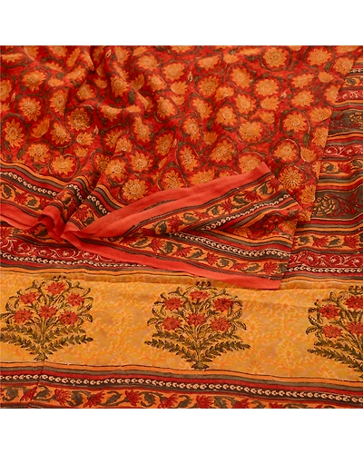 Sanskriti Vintage Sarees Block Printed Orange Pure Georgette Silk Sari Fabric, PRG-12096-Orange-Printed Floral Design-Pure Georgette Silk-9