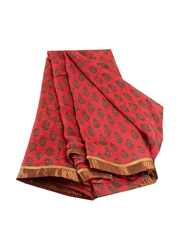 Sanskriti Vintage Sarees Block Printed Red Blend Georgette Sari 5Yd Craft Fabric, PRG-12102-Red-Printed Floral Design-Blend Georgette-2