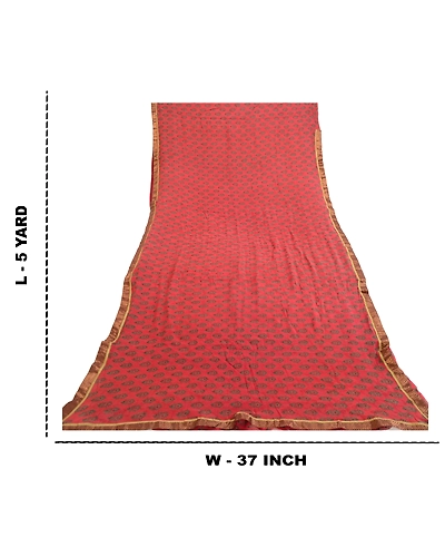 Sanskriti Vintage Sarees Block Printed Red Blend Georgette Sari 5Yd Craft Fabric, PRG-12102-Red-Printed Floral Design-Blend Georgette-3