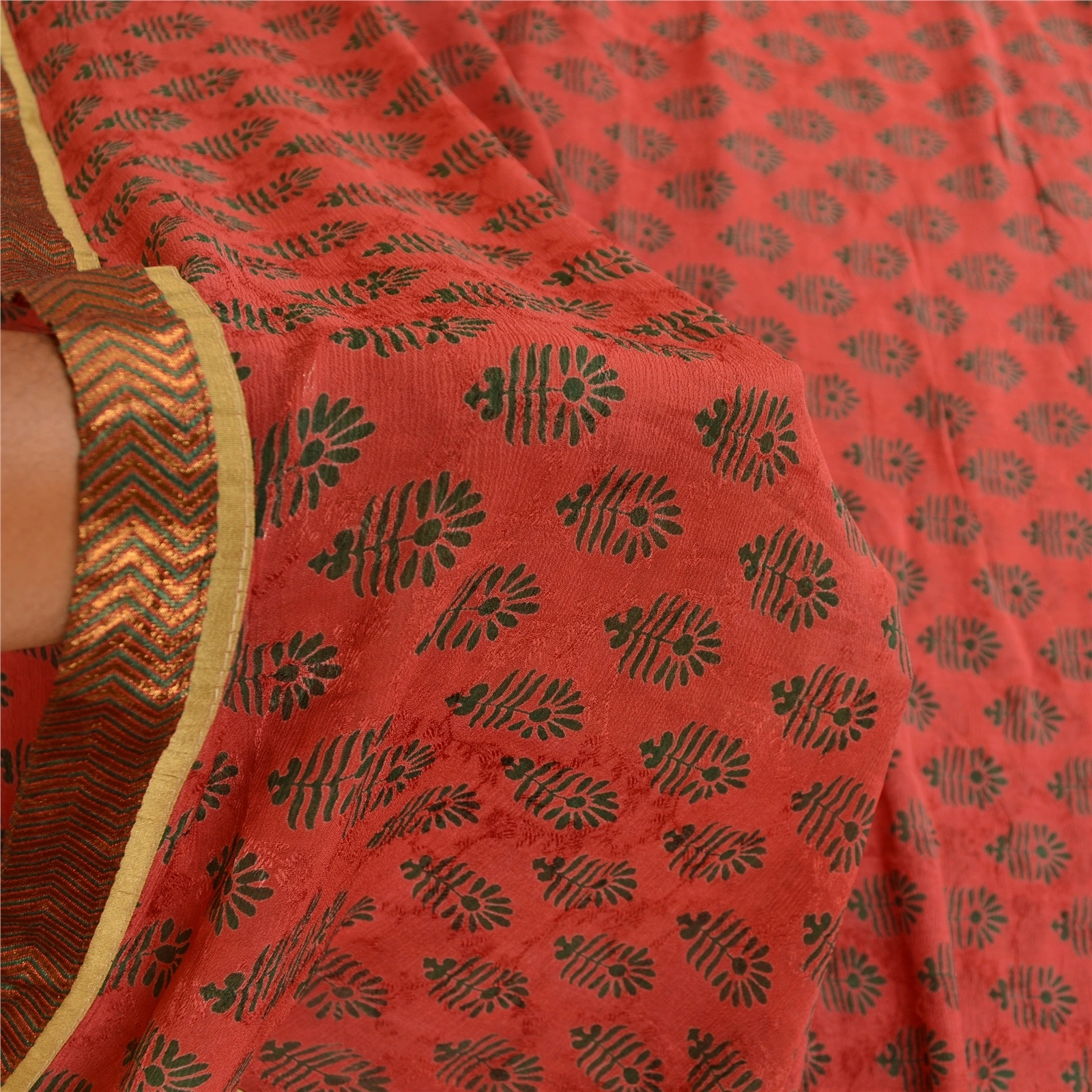 Sanskriti Vintage Sarees Block Printed Red Blend Georgette Sari 5Yd Craft Fabric, PRG-12102-Red-Printed Floral Design-Blend Georgette-4