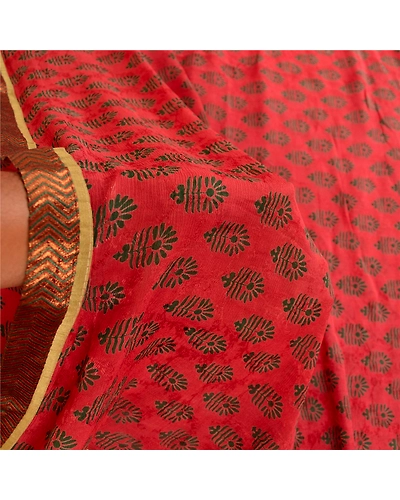 Sanskriti Vintage Sarees Block Printed Red Blend Georgette Sari 5Yd Craft Fabric, PRG-12102-Red-Printed Floral Design-Blend Georgette-4