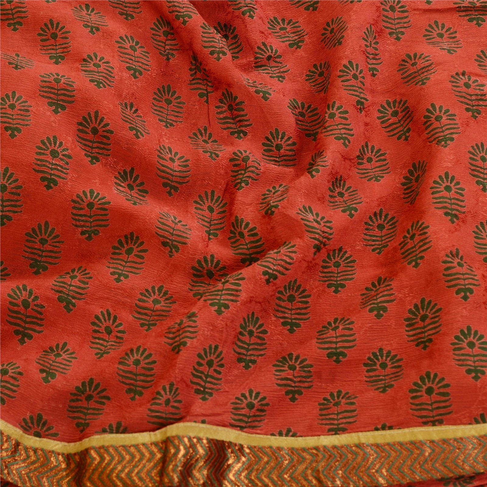 Sanskriti Vintage Sarees Block Printed Red Blend Georgette Sari 5Yd Craft Fabric, PRG-12102-Red-Printed Floral Design-Blend Georgette-6