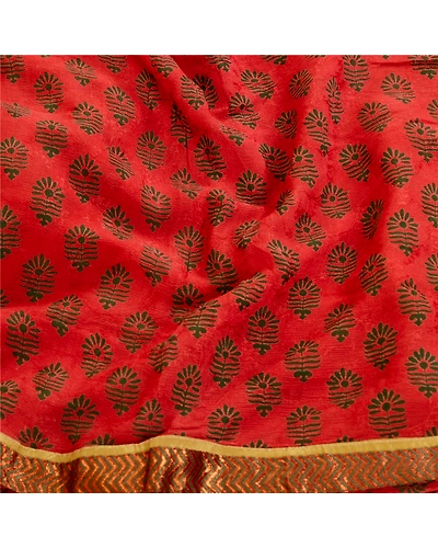 Sanskriti Vintage Sarees Block Printed Red Blend Georgette Sari 5Yd Craft Fabric, PRG-12102-Red-Printed Floral Design-Blend Georgette-6