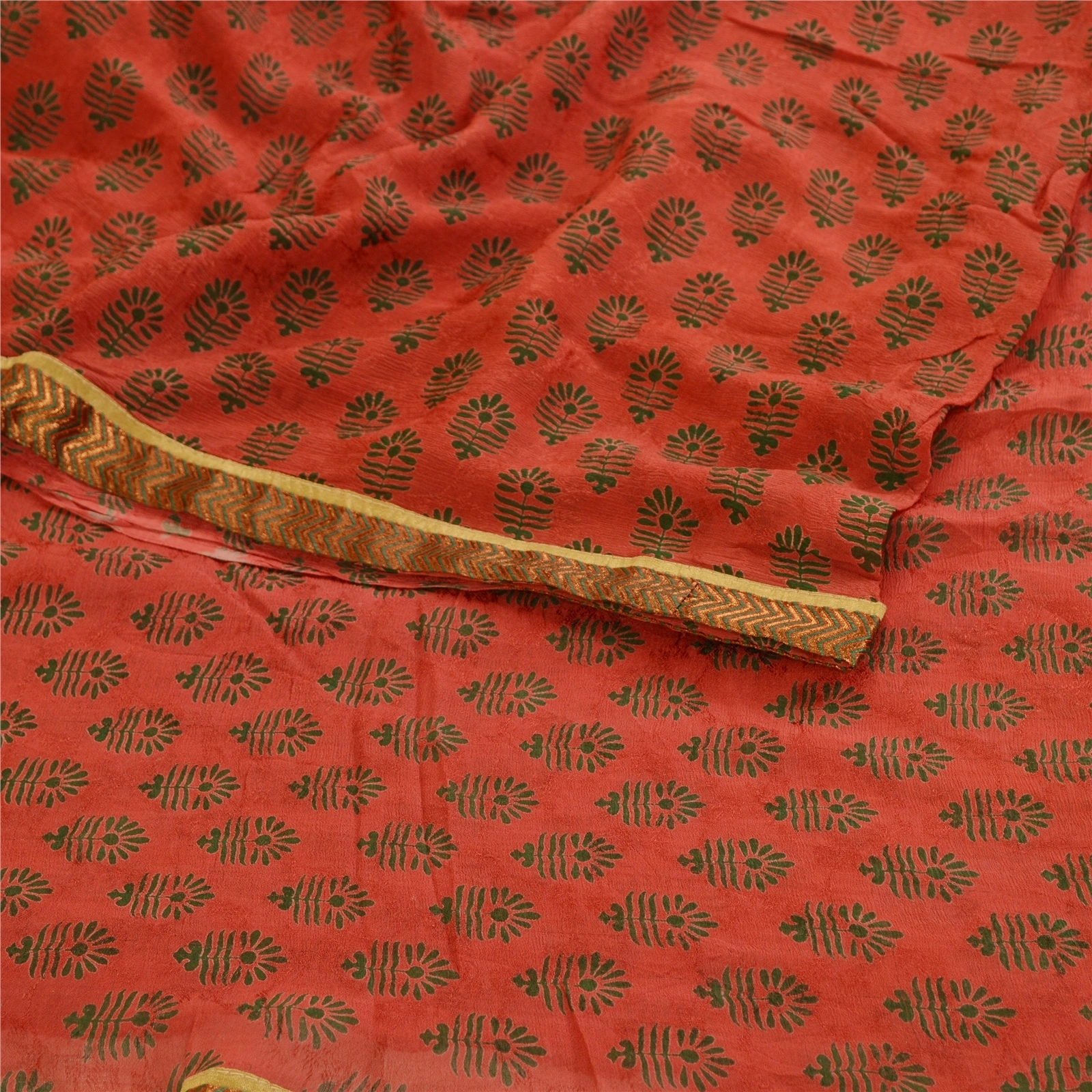 Sanskriti Vintage Sarees Block Printed Red Blend Georgette Sari 5Yd Craft Fabric, PRG-12102-Red-Printed Floral Design-Blend Georgette-7