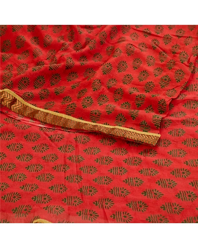 Sanskriti Vintage Sarees Block Printed Red Blend Georgette Sari 5Yd Craft Fabric, PRG-12102-Red-Printed Floral Design-Blend Georgette-7