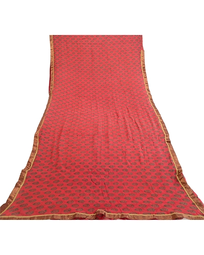 Sanskriti Vintage Sarees Block Printed Red Blend Georgette Sari 5Yd Craft Fabric, PRG-12102-Red-Printed Floral Design-Blend Georgette-8