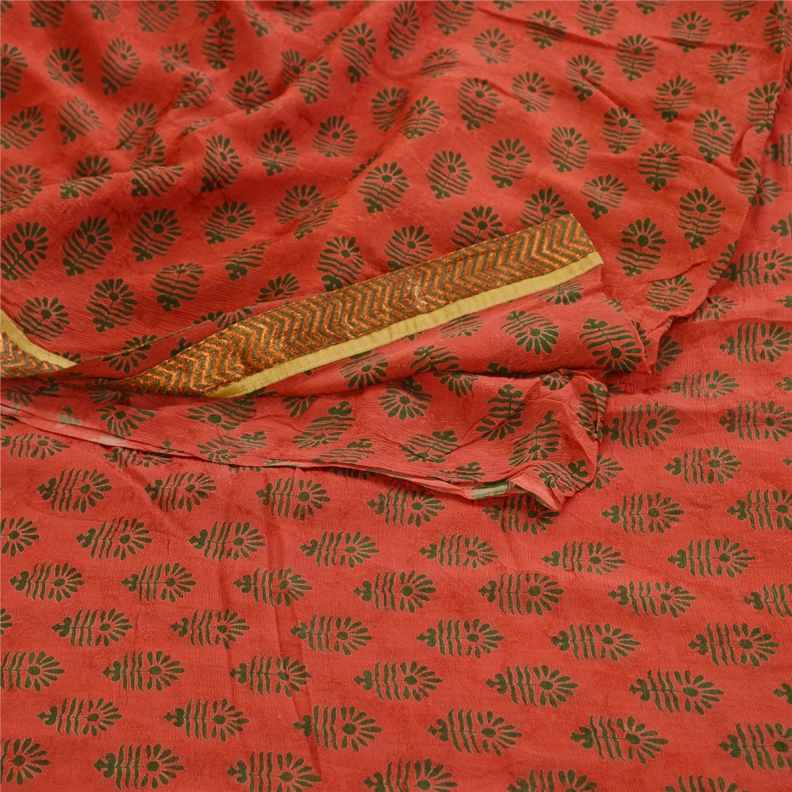 Sanskriti Vintage Sarees Block Printed Red Blend Georgette Sari 5Yd Craft Fabric, PRG-12102-Red-Printed Floral Design-Blend Georgette-9