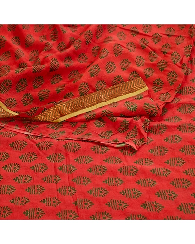Sanskriti Vintage Sarees Block Printed Red Blend Georgette Sari 5Yd Craft Fabric, PRG-12102-Red-Printed Floral Design-Blend Georgette-9