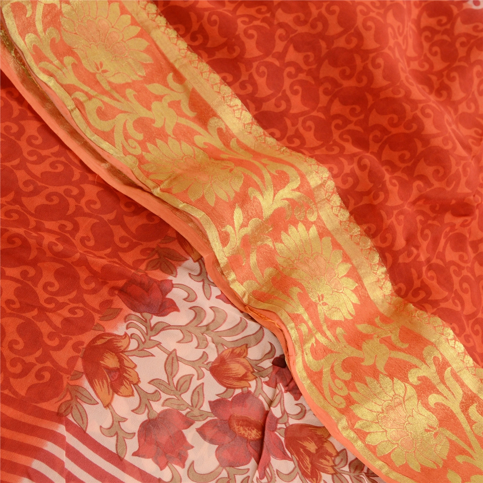 Sanskriti Vintage Sarees Red Blend Georgette Printed Zari Border Sari 5Yd Fabric, PRG-12108-Red-Printed Floral Design-Blend Georgette-1