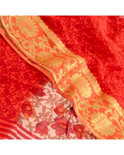Sanskriti Vintage Sarees Red Blend Georgette Printed Zari Border Sari 5Yd Fabric, PRG-12108-Red-Printed Floral Design-Blend Georgette-1