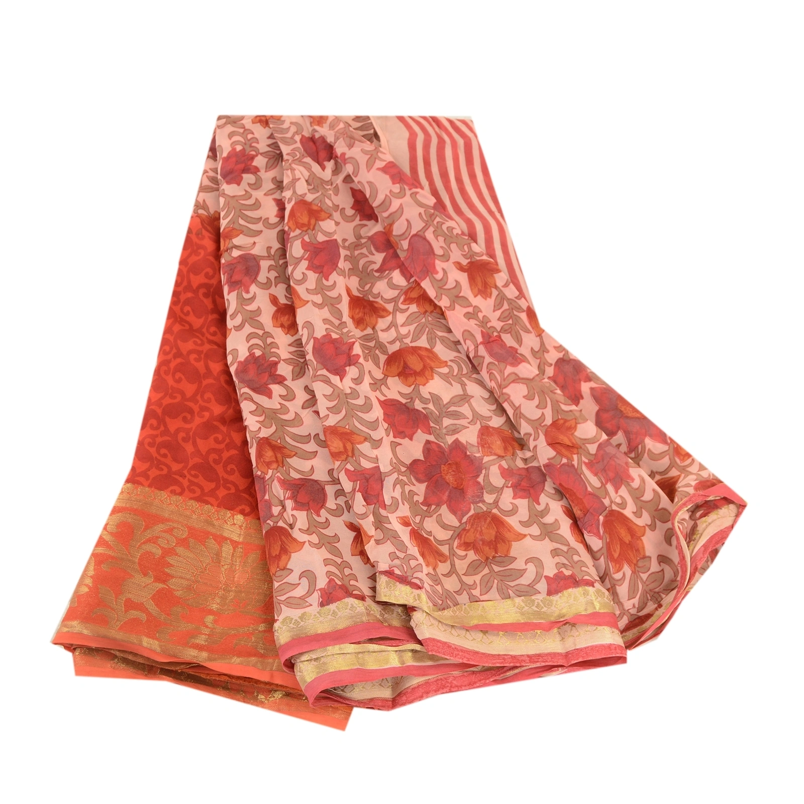 Sanskriti Vintage Sarees Red Blend Georgette Printed Zari Border Sari 5Yd Fabric, PRG-12108-Red-Printed Floral Design-Blend Georgette-2