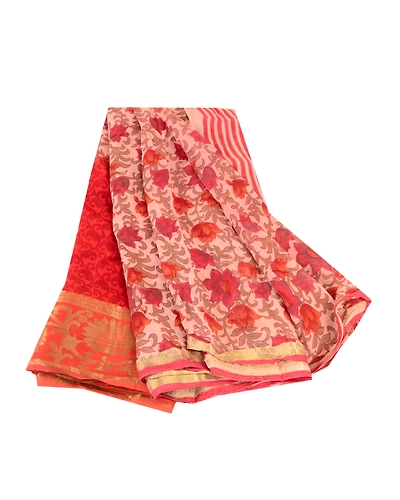 Sanskriti Vintage Sarees Red Blend Georgette Printed Zari Border Sari 5Yd Fabric, PRG-12108-Red-Printed Floral Design-Blend Georgette-2