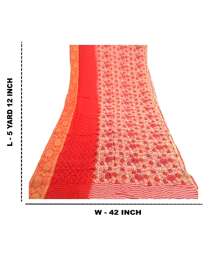 Sanskriti Vintage Sarees Red Blend Georgette Printed Zari Border Sari 5Yd Fabric, PRG-12108-Red-Printed Floral Design-Blend Georgette-3