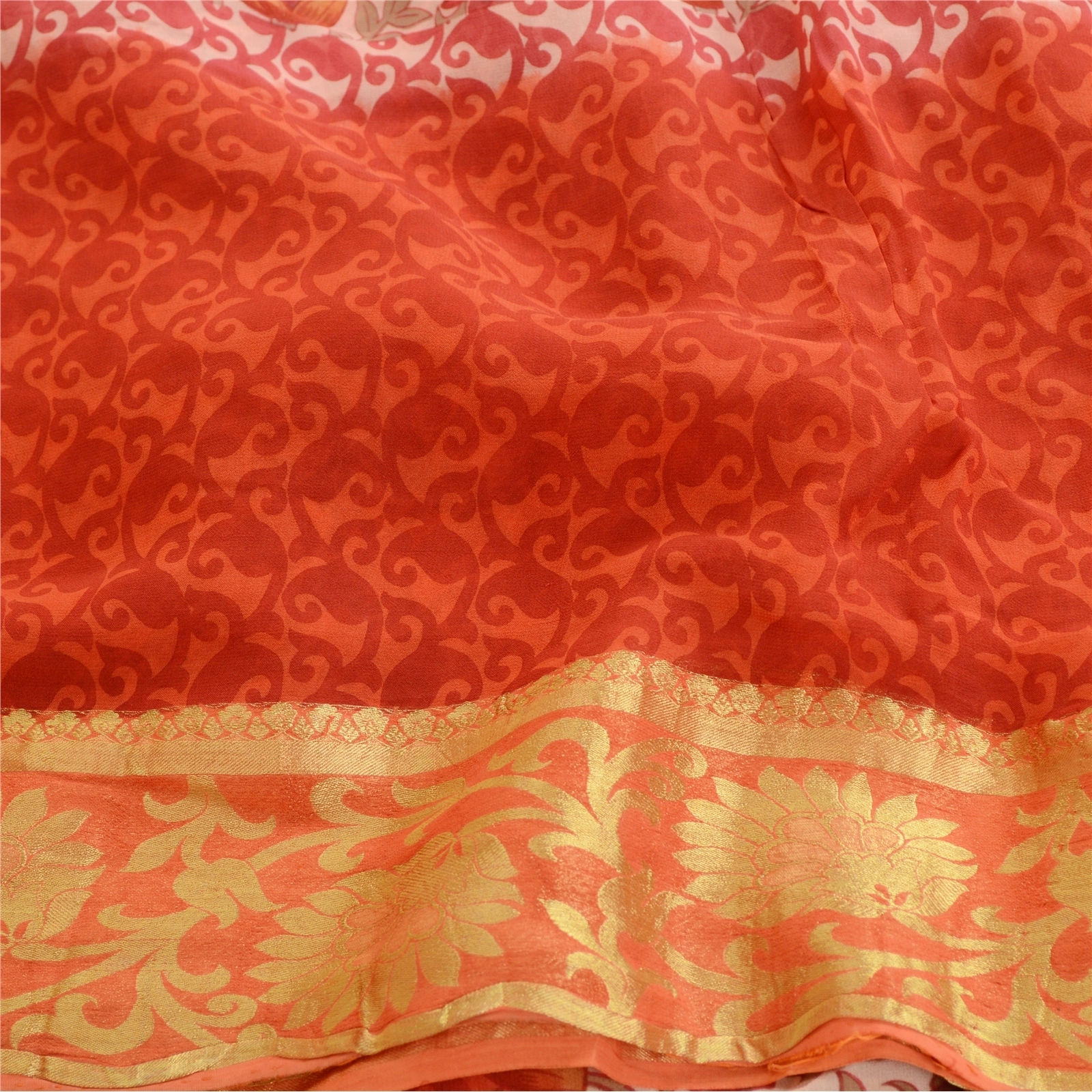 Sanskriti Vintage Sarees Red Blend Georgette Printed Zari Border Sari 5Yd Fabric, PRG-12108-Red-Printed Floral Design-Blend Georgette-6